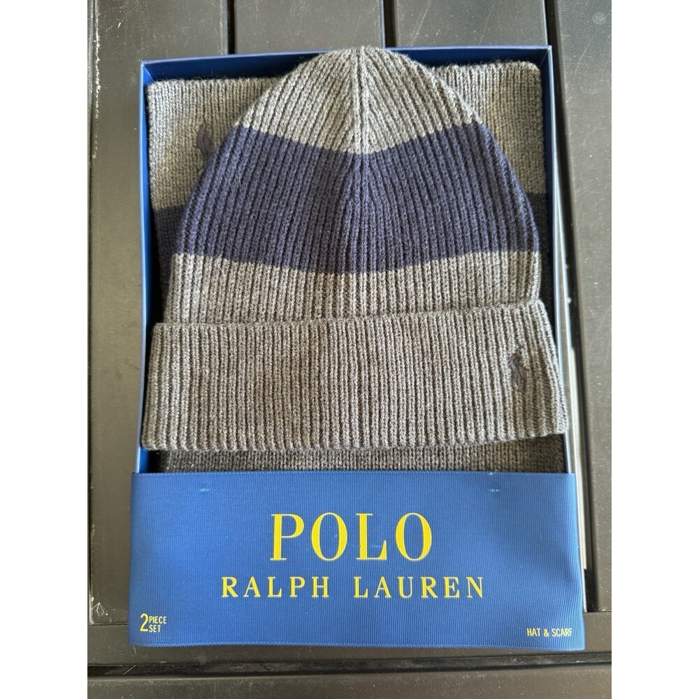 Polo Ralph Lauren Mens Hat & Scarf 2 Piece Set One Size Gray Navy Stripe NWT